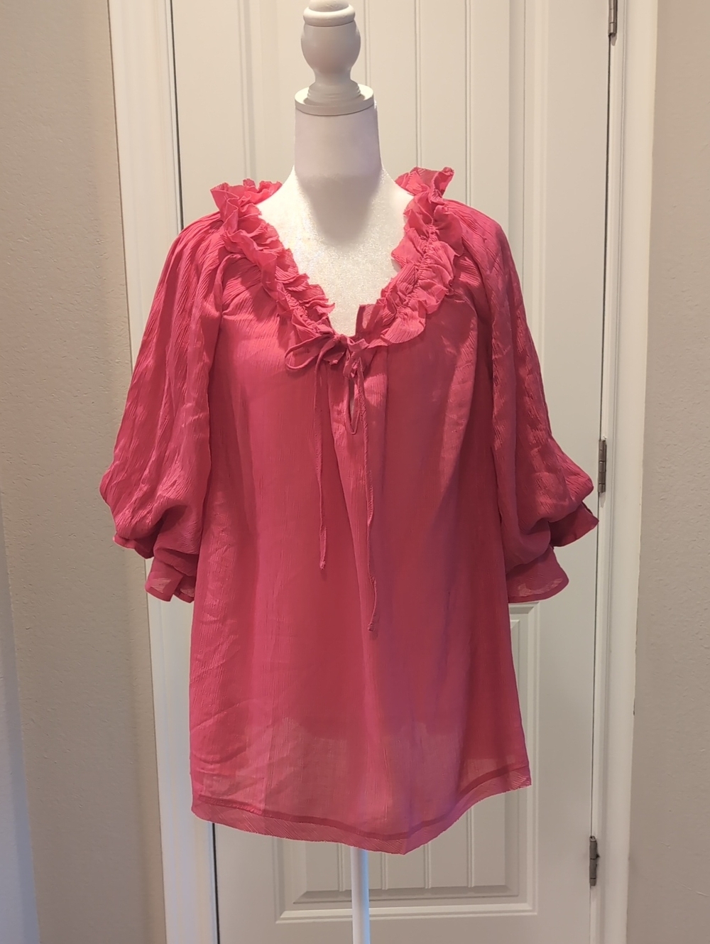 Easel Ruffled Tie-Neck Blouse in Rose Pink